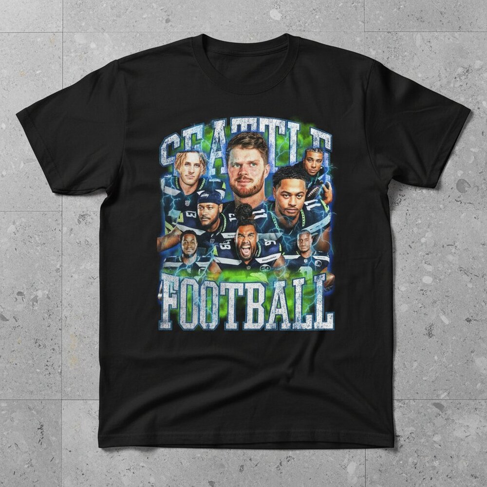 Seattle Football Players Collage Vintage Bootleg Style Graphic Tee Black NFL Fan